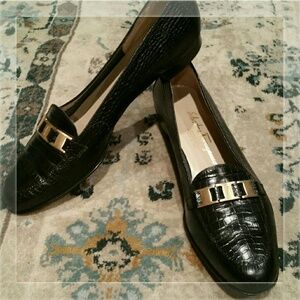 Salvatore Ferragamo Black Croc-Embossed Loafers with Gold Accent